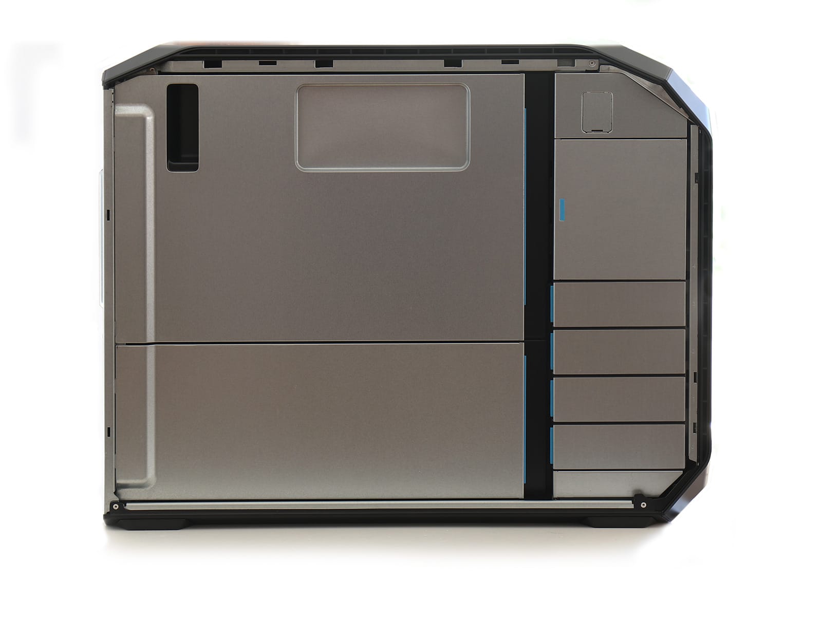 Interior side of the HP Z8 chassis with the side panel removed, showing grey drive bays and blue tool-free latches on white