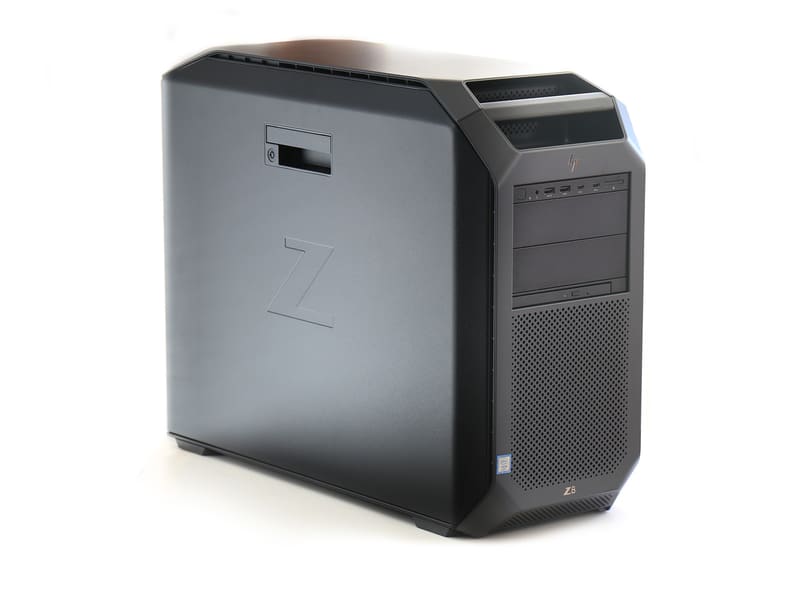 HP Z8 tower workstation, front three-quarter view on white, with the Z logo embossed on the black side panel