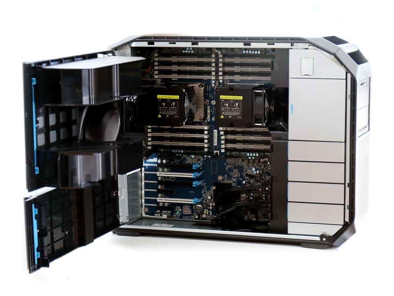 HP Z8 workstation with the side panel open, showing two CPU coolers, memory slots and PCIe slots on the motherboard