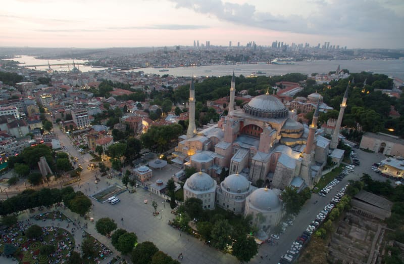 Aerial view of Hagia Sophia and the surrounding streets at dusk
